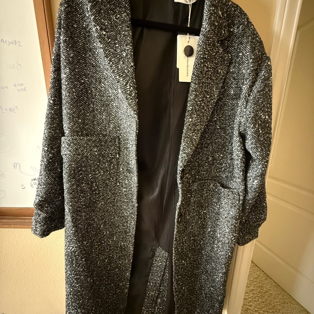 Commense Black and Gray Trench Coat with Woolen Texture